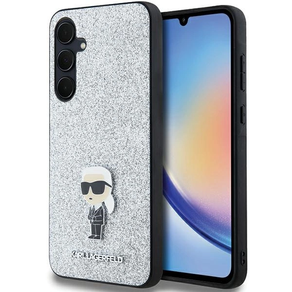 Karl Lagerfeld Fiksuotas Blizgus Ikonik logotipas Metalinis smeigtukas dėklas Samsung Galaxy A35 – sidabrinis