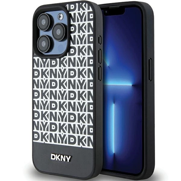 DKNY Leather Printed Pattern Metal Logo MagSafe dėklas iPhone 15 Pro Max – juodas