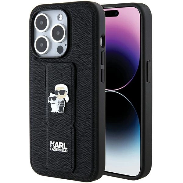 Karl Lagerfeld Gripstand Saffiano Karl & Choupette Pins dėklas iPhone 15 Pro Max - juodas