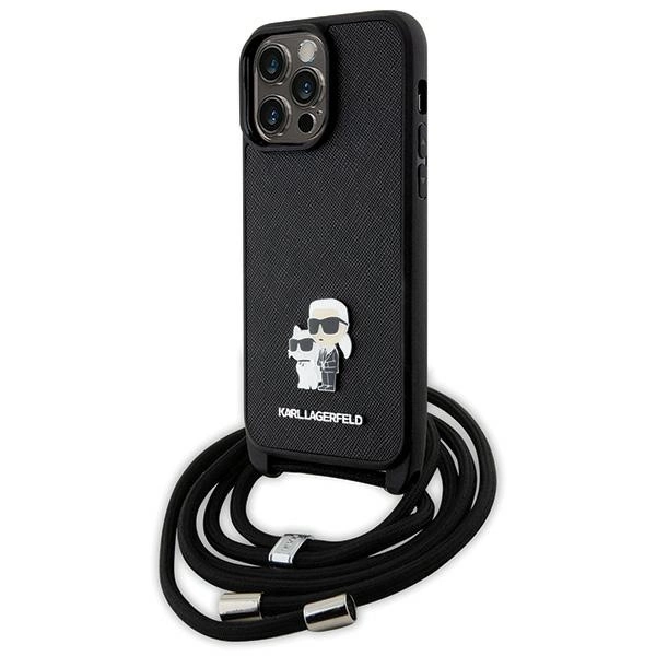 Karl Lagerfeld KLHCP14XSAKCPSK dėklas iPhone 14 Pro Max 6.7" hardcase – juodas Crossbody Saffiano Metal Pin Karl&Choupette