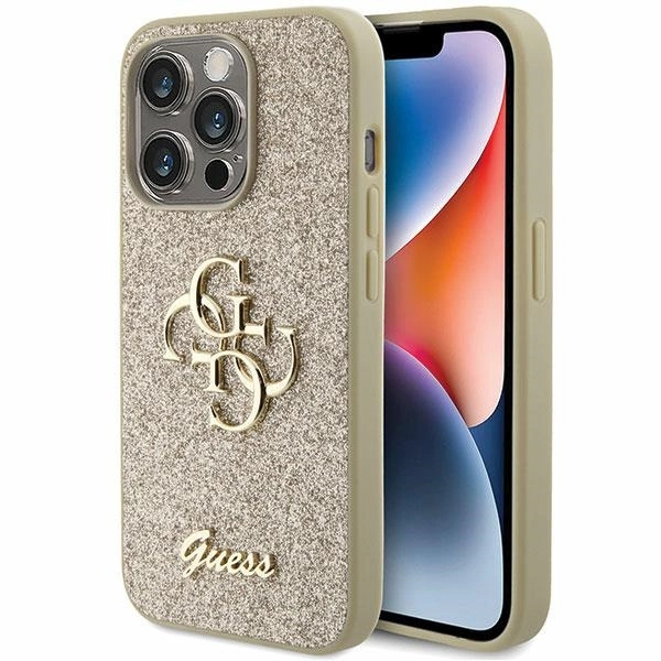Guess Glitter Script Big 4G dėklas iPhone 15 Pro Max – auksinis