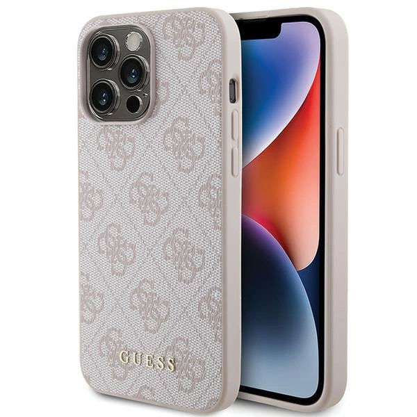 Guess 4G Metal Gold Logo dėklas iPhone 15 Pro Max – rožinis