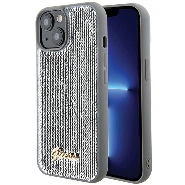 Guess Sequin Script Metal dėklas iPhone 15 – sidabrinis