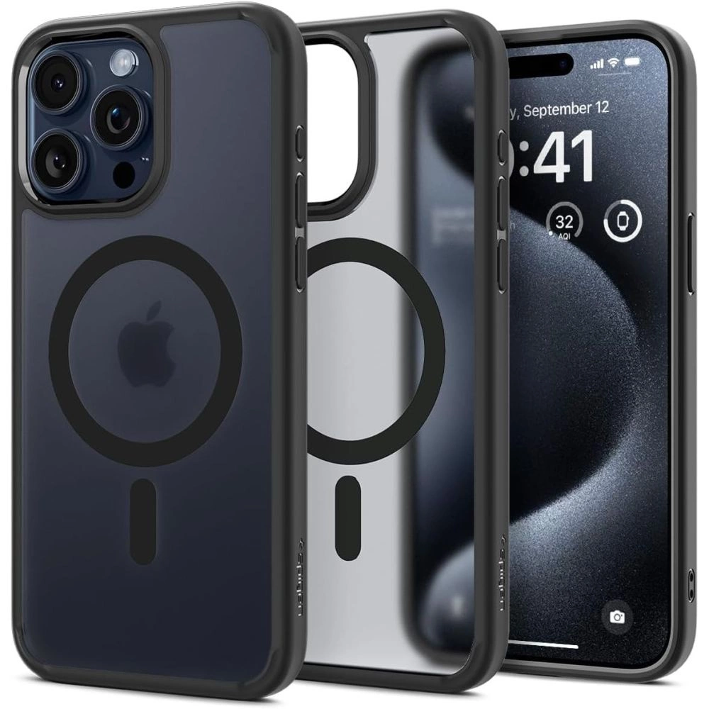 Spigen Ultra Hybrid Mag dėklas su MagSafe iPhone 15 Pro Max – skaidrus juodas