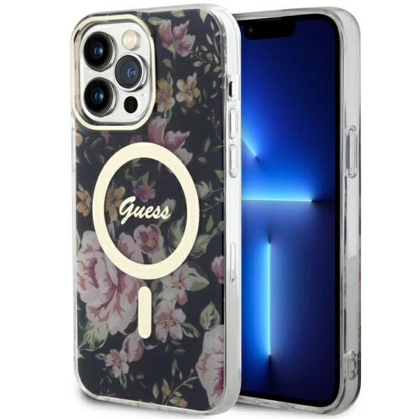 Guess GUHMP14XHCFWSK iPhone 14 Pro Max 6,7" – juodas/juodas kietas dėklas, Flower MagSafe