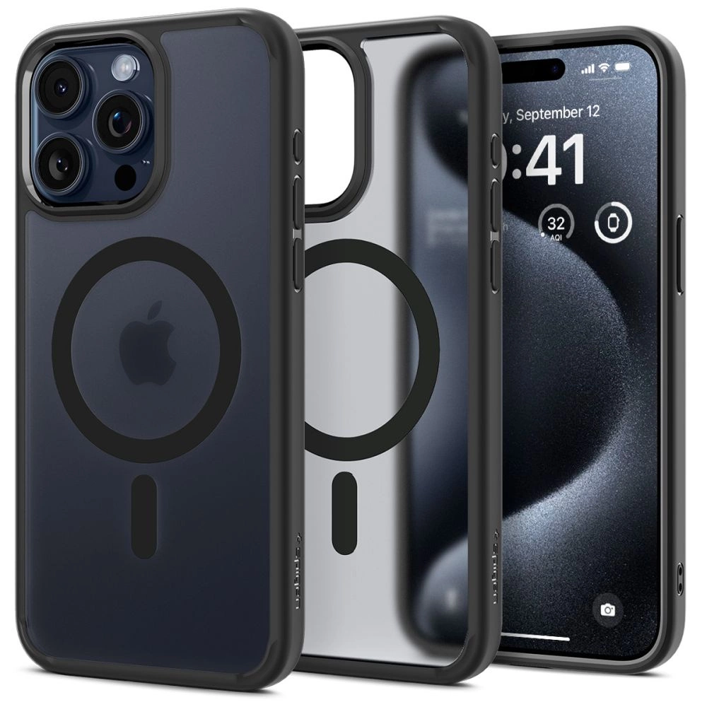 Spigen Ultra Hybrid Mag dėklas su MagSafe iPhone 15 Pro – skaidrus juodas