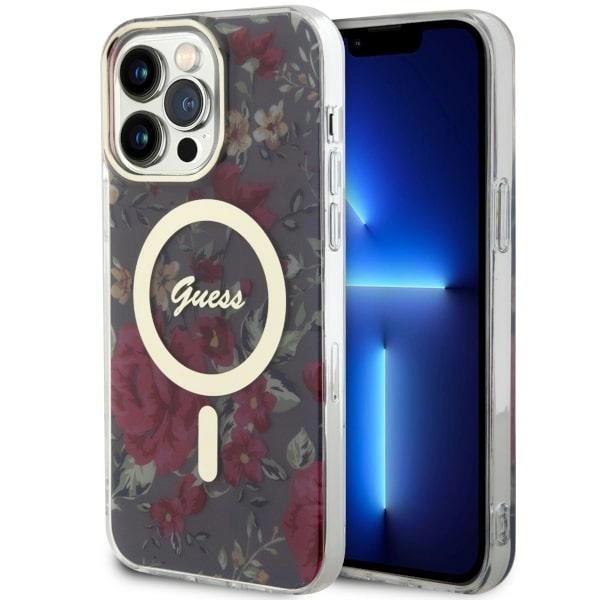 Guess GUHMP14XHCFWSA iPhone 14 Pro Max 6,7" – žalias/khaki kietas dėklas, Flower MagSafe