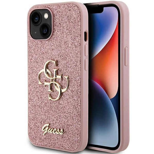 Guess Glitter Script Big 4G dėklas iPhone 15 – rožinis
