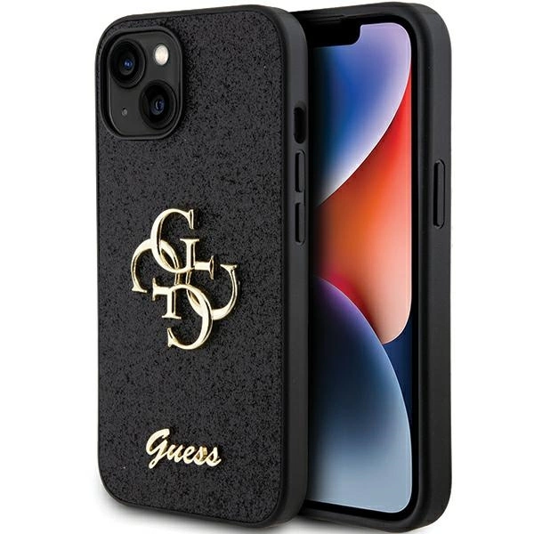 Guess Glitter Script Big 4G dėklas iPhone 15 – juodas