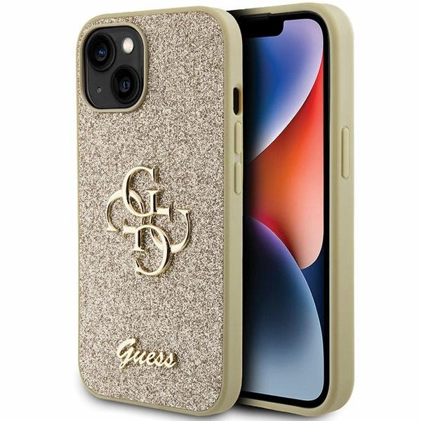 Guess Glitter Script Big 4G iPhone 15 dėklas – auksinis