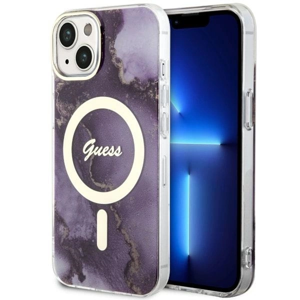 Guess GUHMP14SHTMRSU iPhone 14 6,1" – violetinis/violetinis kietas dėklas, Golden Marble MagSafe