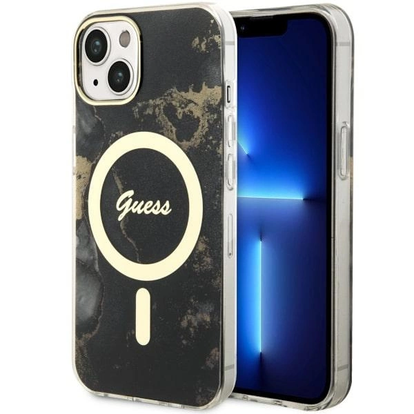 Guess GUHMP14SHTMRSK iPhone 14 6,1" – juodas/juodas kietas dėklas, Golden Marble MagSafe
