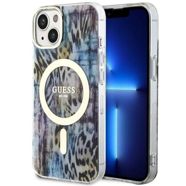 Guess Leopard MagSafe dėklas iPhone 14 – mėlynas