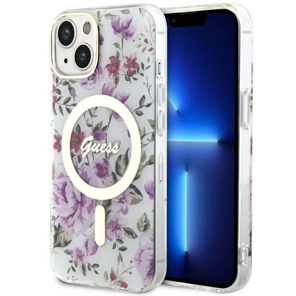 Guess Flower MagSafe dėklas iPhone 14 – skaidrus