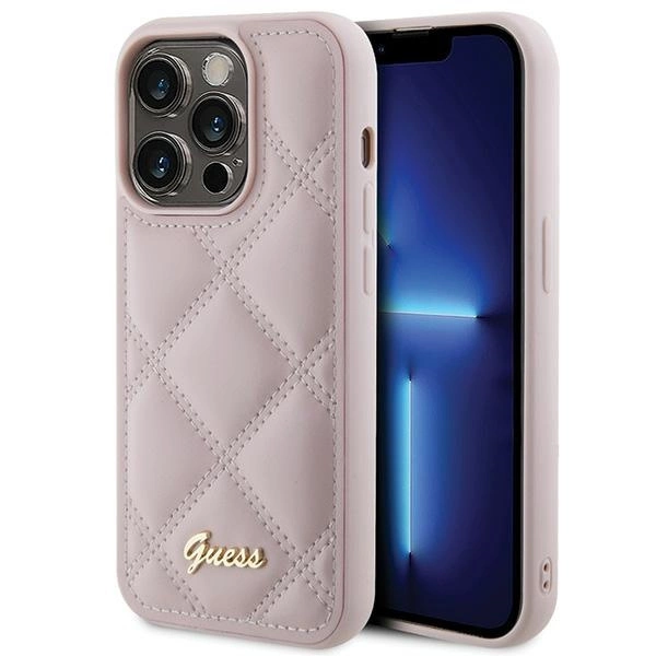 Guess Quilted Metal Logo dėklas iPhone 15 Pro – rožinis