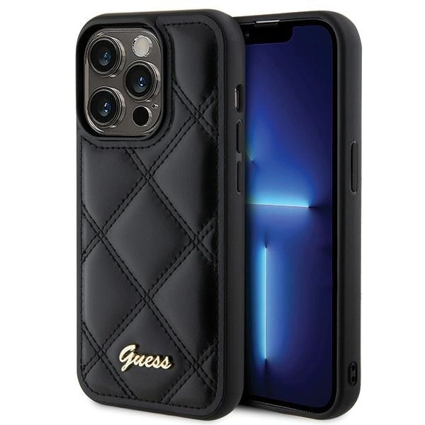 Guess Quilted Metal Logo dėklas iPhone 15 Pro – juodas