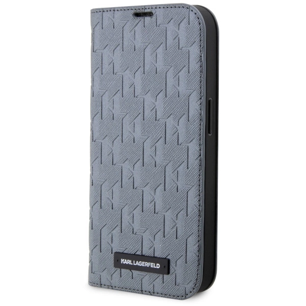 Karl Lagerfeld KLBKP14SSAKLHPG iPhone 14 6,1" – knygutės tipo dėklas sidabrinis/sidabrinis, Saffiano Monogram