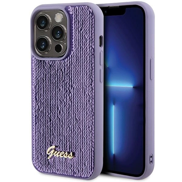 Guess Sequin Script Metal dėklas iPhone 15 Pro – violetinis