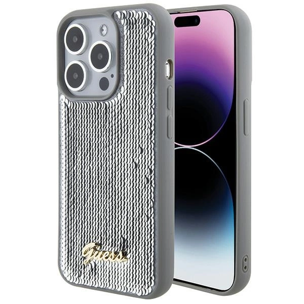 Guess Sequin Script Metal dėklas iPhone 15 Pro – sidabrinis