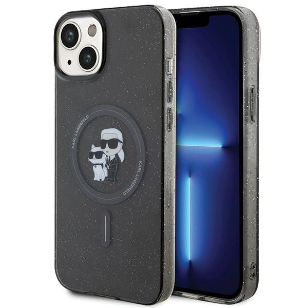Karl Lagerfeld Karl & Choupette Glitter MagSafe dėklas iPhone 15 Plus – juodas