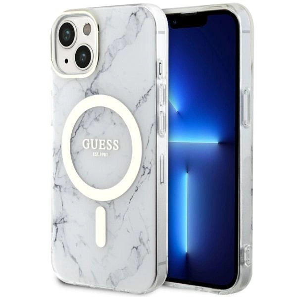 Guess GUHMP14MPCUMAH iPhone 14 Plus 6,7" – baltas/baltas kietas dėklas, Marble MagSafe