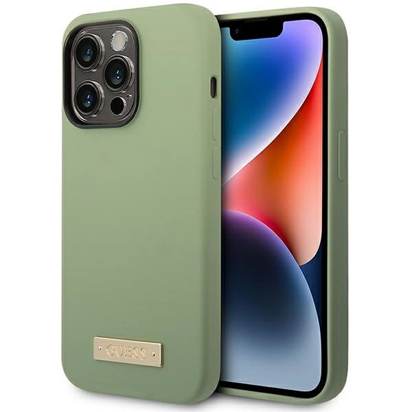 Guess silikoninis dėklas su Logo Plate MagSafe iPhone 14 Pro Max – žalias
