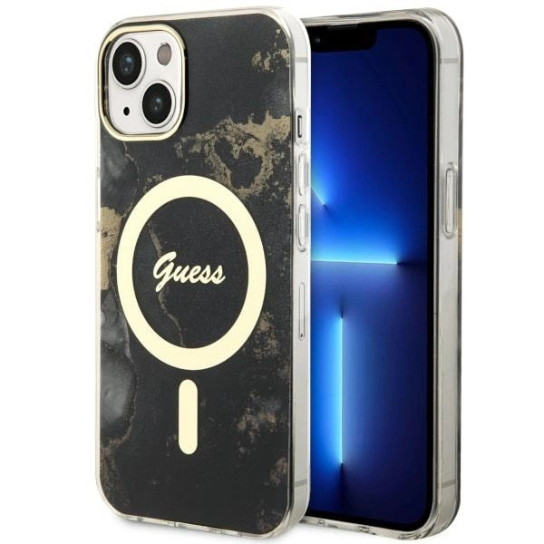Guess GUHMP14MHTMRSK iPhone 14 Plus 6,7" – juodas/juodas kietas dėklas, Golden Marble MagSafe