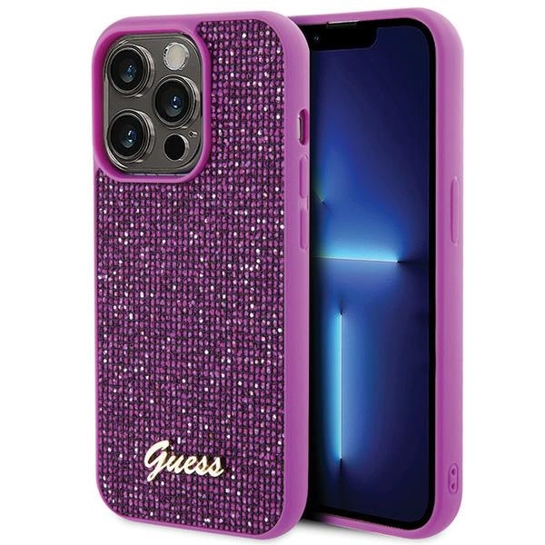Guess Disco Metal Script dėklas iPhone 15 Pro – rožinis