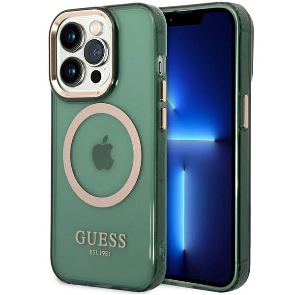 Guess GUHMP14XHTCMA iPhone 14 Pro Max 6.7" – žalias/khaki, kietas dėklas, Gold Outline Translucent MagSafe