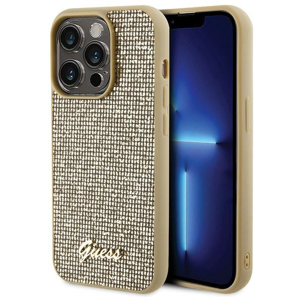 Guess Disco Metal Script dėklas iPhone 15 Pro – auksinis