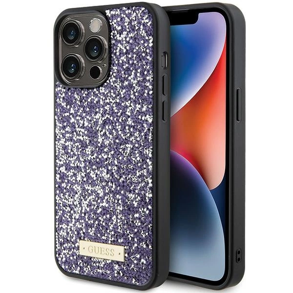 Guess Rhinestone Metal Logo dėklas iPhone 15 Pro – rožinis