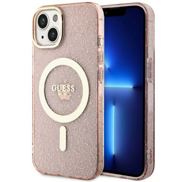 Guess GUHMP14MHCMCGP iPhone 14 Plus 6,7" – rožinis/rožinis kietas dėklas, Glitter Gold MagSafe