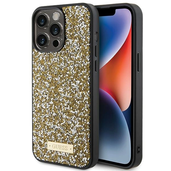 Guess Rhinestone Metal Logo dėklas iPhone 15 Pro – geltonas