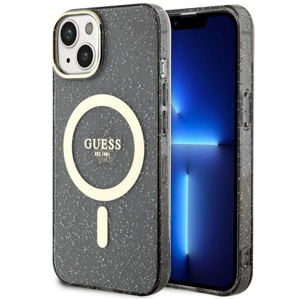 Guess GUHMP14MHCMCGK iPhone 14 Plus 6,7" – juodas/juodas kietas dėklas, Glitter Gold MagSafe