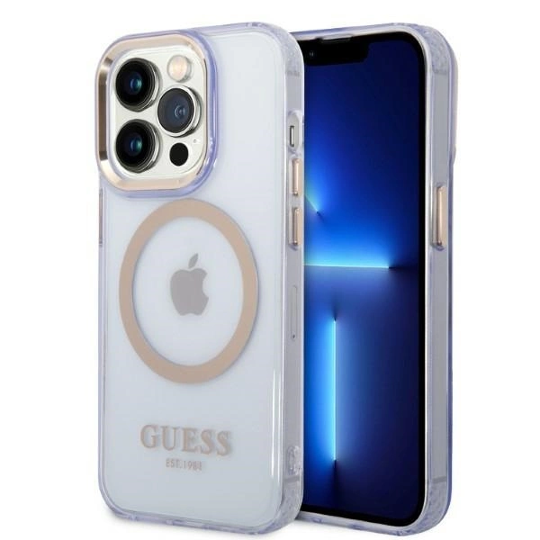 Guess GUHMP14LHTCMU iPhone 14 Pro 6,1" – violetinis/violetinis kietas dėklas, Gold Outline permatomas MagSafe