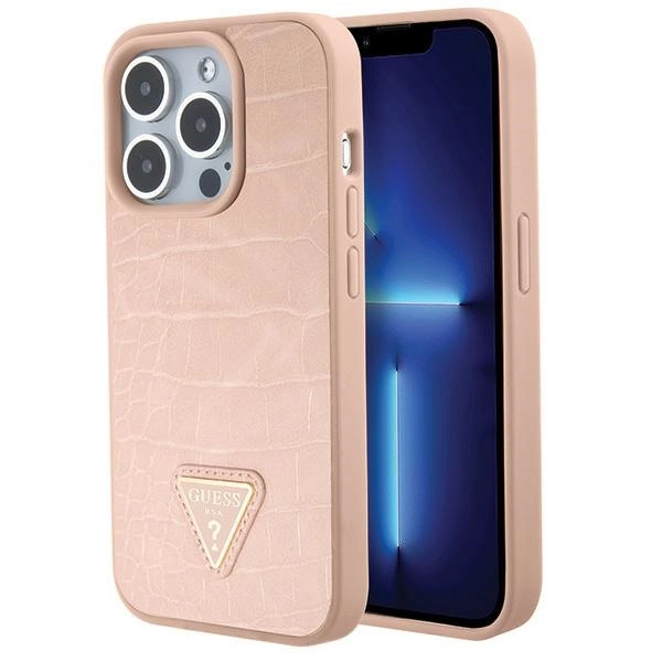 Guess Croco Triangle Metal Logo dėklas iPhone 15 Pro – rožinis