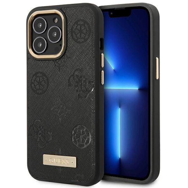Guess GUHMP14LSAPSTK iPhone 14 Pro 6.1" – juodas/juodas, kietas dėklas, Peony Logo Plate MagSafe