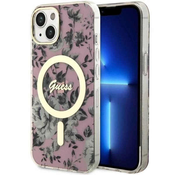 Guess GUHMP14MHCFWSP iPhone 14 Plus 6,7" – rožinis/rožinis kietas dėklas, Flower MagSafe