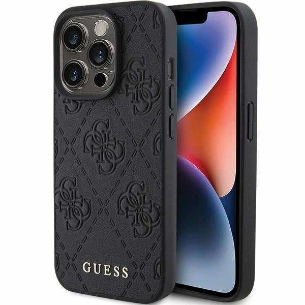 Guess Leather 4G Stamped dėklas iPhone 15 Pro – juodas