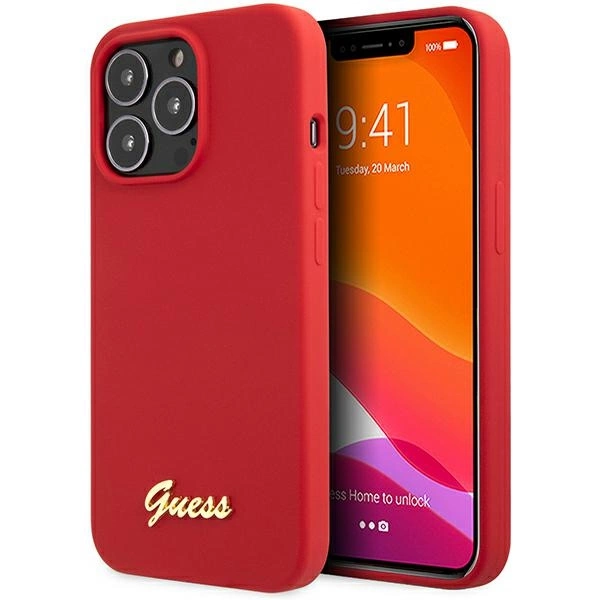 Guess GUHCP13XLSLMGRE iPhone 13 Pro Max 6.7" – raudonas/bordo, kietas silikoninis dėklas, Vintage Gold Logo