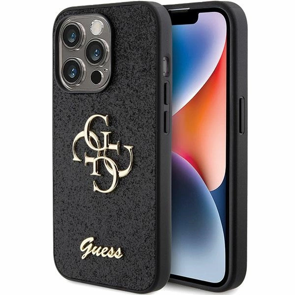 Guess Glitter Script Big 4G dėklas iPhone 15 Pro – juodas