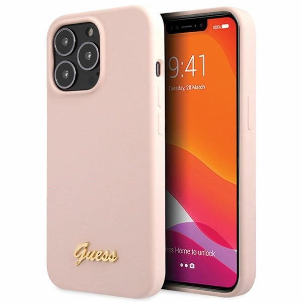 Guess GUHCP13XLSLMGLP iPhone 13 Pro Max 6.7" – šviesiai rožinis/šviesiai rožinis, kietas silikoninis dėklas, Script Gold Logo