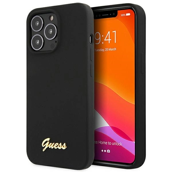 Guess GUHCP13XLSLMGBK iPhone 13 Pro Max 6.7" – juodas/juodas, kietas silikoninis dėklas, Script Gold Logo