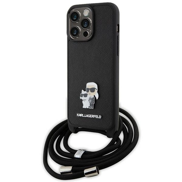 Karl Lagerfeld Crossbody Saffiano Metal Pin Karl & Choupette dėklas iPhone 15 Pro Max – juodas