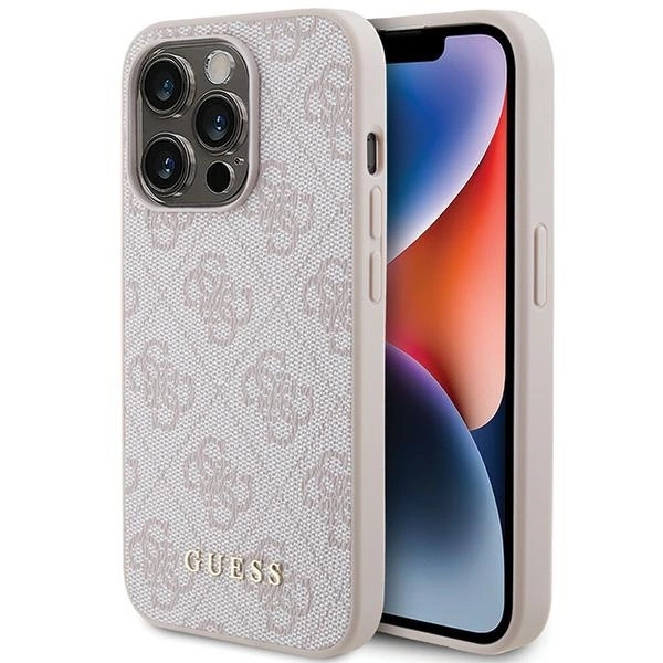 Guess 4G Metal Gold Logo dėklas iPhone 15 Pro – rožinis