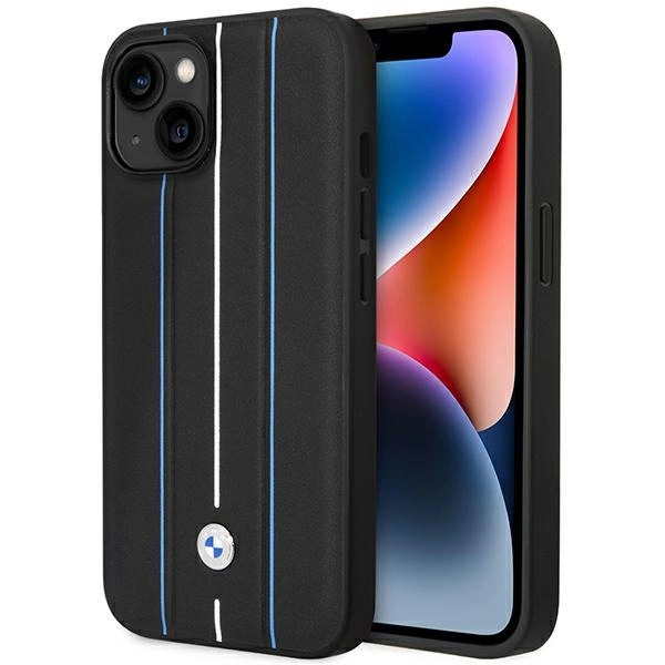 BMW dėklas BMHCP14S22RVSK iPhone 14 6.1" – juodas/juodas, kietas odinis, Stamp Blue Lines