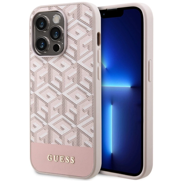 Guess GUHMP14LHGCFSEP iPhone 14 Pro 6,1" – rožinis/rožinis kietas dėklas, GCube Stripes MagSafe