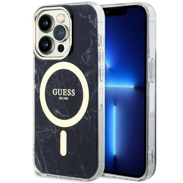 Guess GUHMP14LPCUMAK iPhone 14 Pro 6,1" – juodas/juodas kietas dėklas, Marble MagSafe
