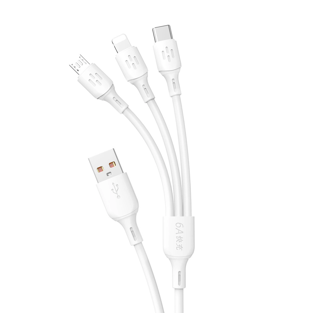 USB kabelis – USB C / micro USB / Lightning 480Mb/s 6A 1,2 m – baltas