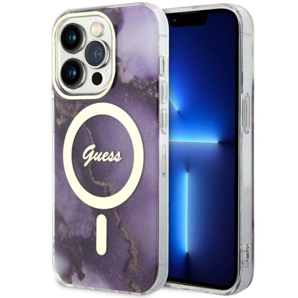 Guess GUHMP14LHTMRSU iPhone 14 Pro 6,1" – violetinis/violetinis kietas dėklas, Golden Marble MagSafe